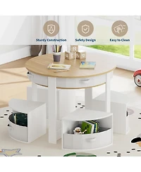 gaomon Kids Table and Chair Set, 5 Pieces Wooden Round Nesting Design Children Multi-Activity Table With 4 Storage Stools and 4 Fabric Drawers