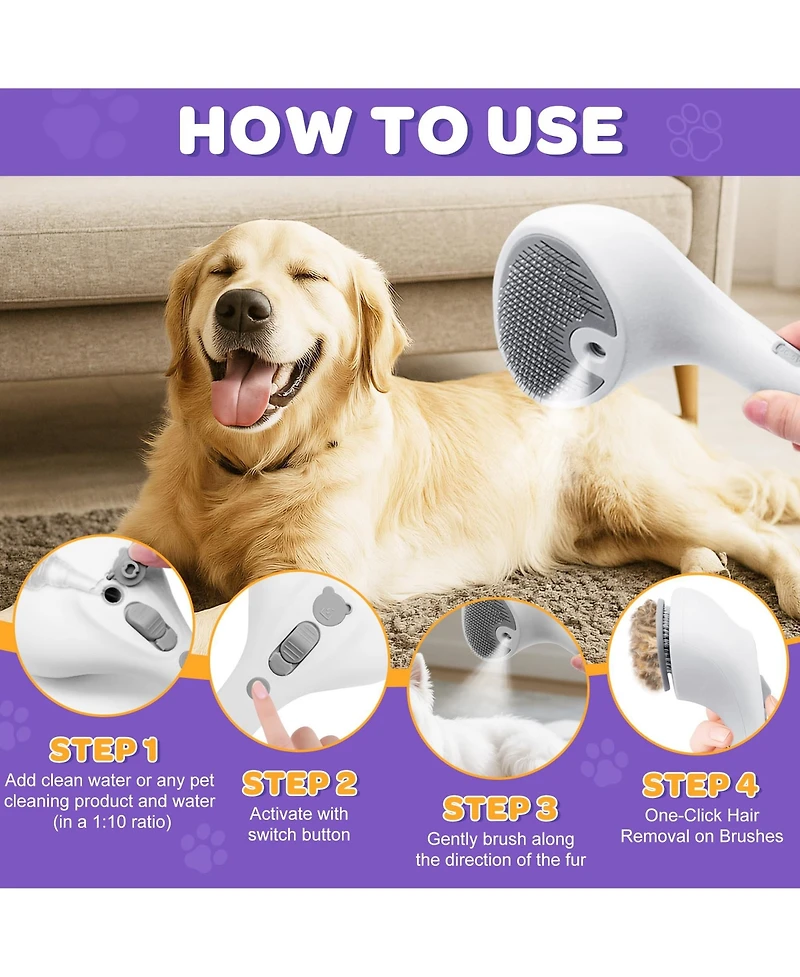 Aronkl Pet Spray Grooming Brush Self Cleaning Rechargeable Hair Removal for Dog Cat with Mist