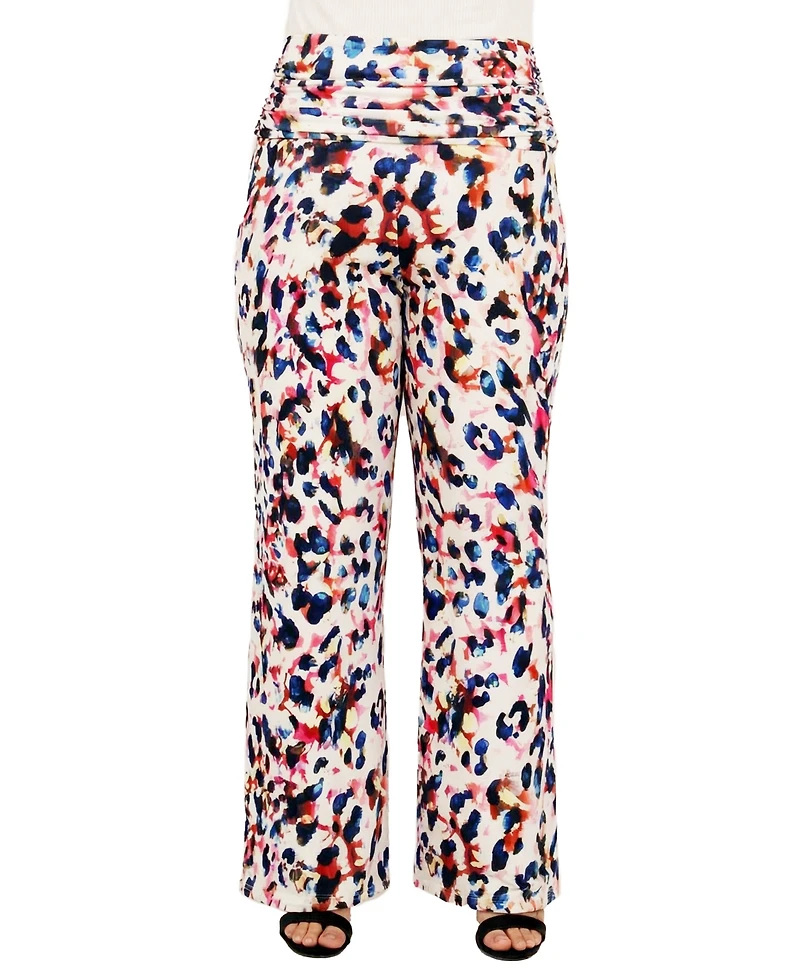 24seven Comfort Apparel Plus Essential Curvy Cheetah Print Wide Leg Pants