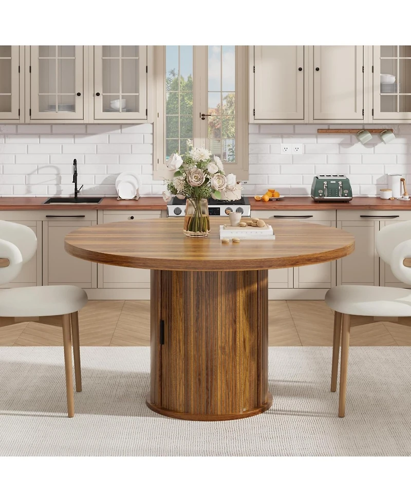 gaomon 47 Inch Round Dining Table for 4-6, Kitchen Table with 2-Layer Storage Shelf and a Drawer, Farmhouse Circle Dinner Table