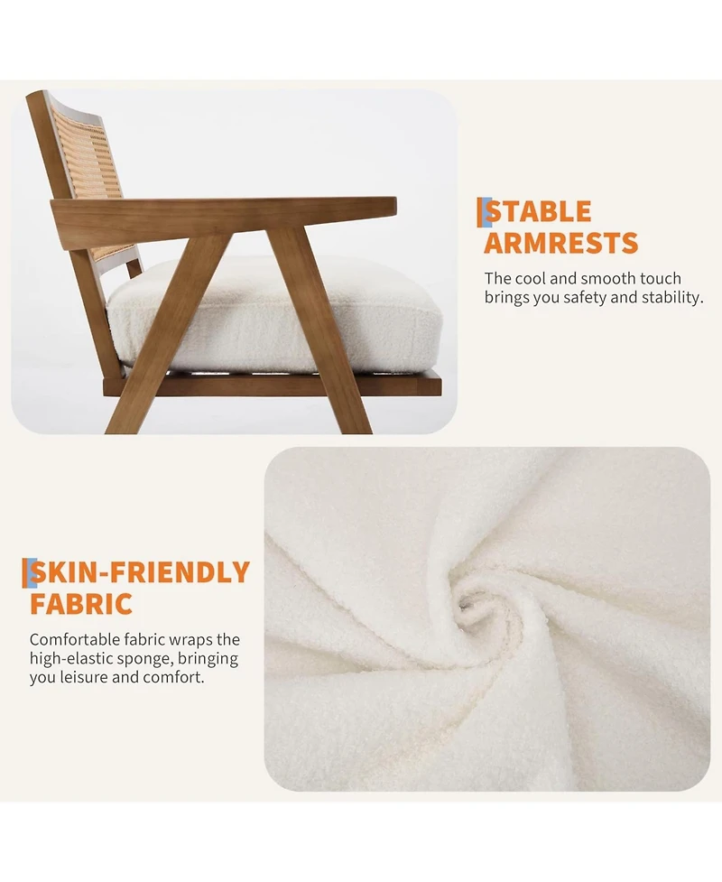 gaomon Mid-Century Farmhouse Accent Chair - Wood Armchair with Rattan Backrest and Linen Cushion for Living Room, Bedroom