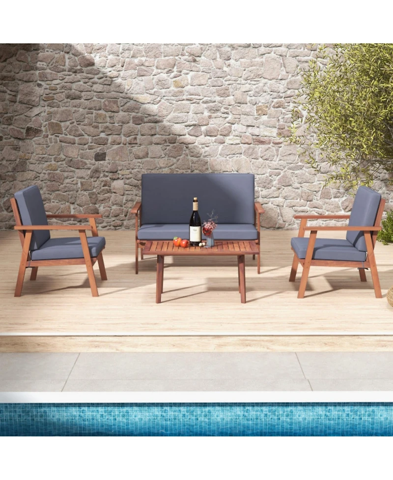 Clihome 4 Piece Outdoor Acacia Wood Conversation Set with Soft Seat and Back Cushions