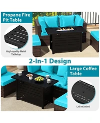Gouun 5-Piece Rattan Sectional with 60,000 Btu Firepit Coffee Table and Ottoman