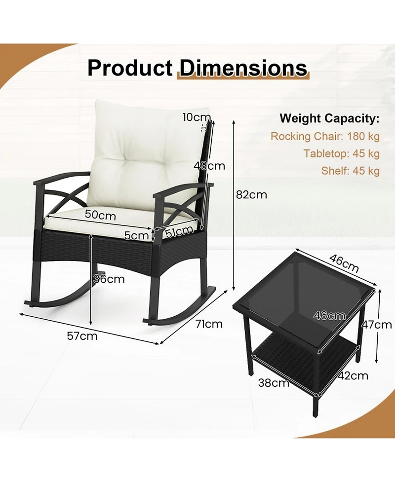 Gouun 3-Piece Rattan Rocking Chair Set with Tiered Side Table