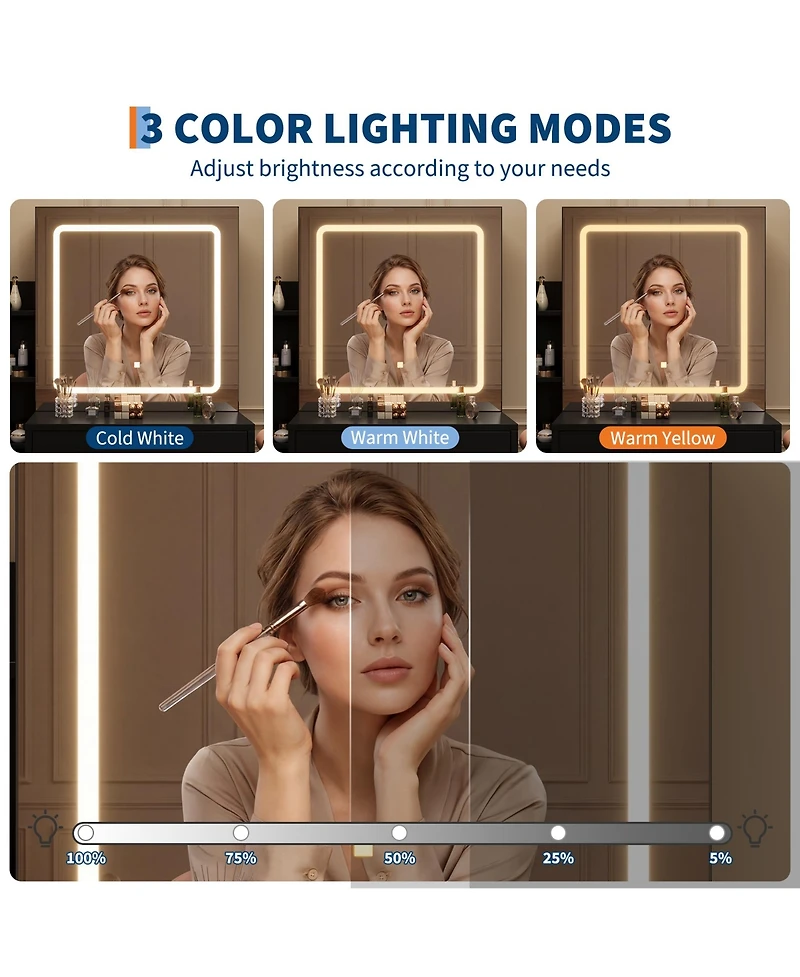 Homfan Sliding Mirror Vanity Set with 3-Level Adjustable Lighting, Stool, Power Outlet, Hairdryer Holder, and Storage Cabinet