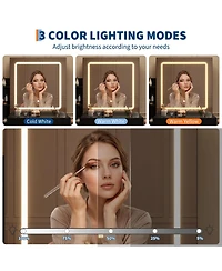 Homfan Sliding Mirror Vanity Set with 3-Level Adjustable Lighting, Stool, Power Outlet, Hairdryer Holder, and Storage Cabinet