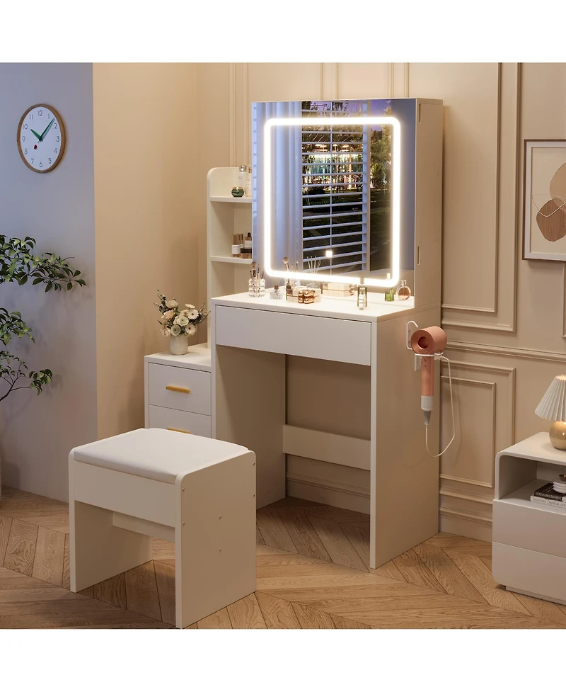 Homfan Sliding Mirror Vanity Set with 3-Level Adjustable Lighting, Stool, Power Outlet, Hairdryer Holder, and Storage Cabinet