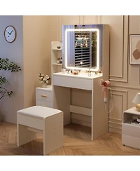 Homfan Sliding Mirror Vanity Set with 3-Level Adjustable Lighting, Stool, Power Outlet, Hairdryer Holder, and Storage Cabinet