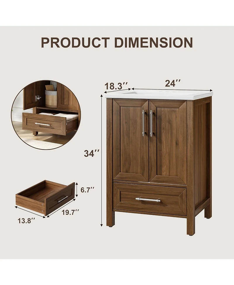 homfan Bathroom Vanity with Ceramic Sink, Storage Cabinet Drawer and 2 Soft Closing Doors, Single Sink Integral Top