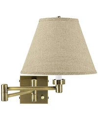 Barnes and Ivy Modern Swing Arm Wall Lamp Antique Brass Plug-In Light Fixture Fine Burlap Empire Shade for Bedroom Bedside Reading