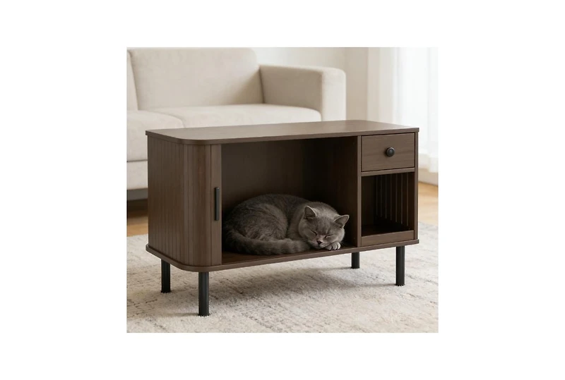 Zeus and Ruta Modern Cat Litter Enclosure with 374 Size Sliding Door Hidden Storage Charging Station Tv Stand End Table
