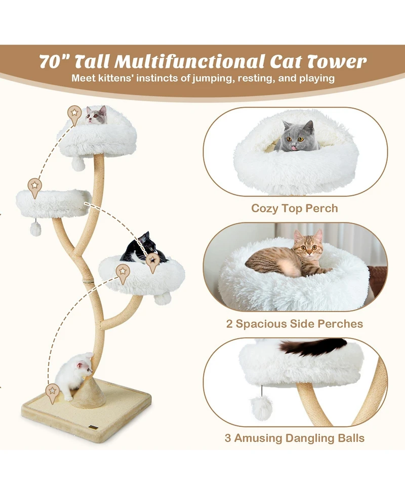 Cozito Cat Tree 70 in 4-Layer Tower with 3 Perches Dangling Balls