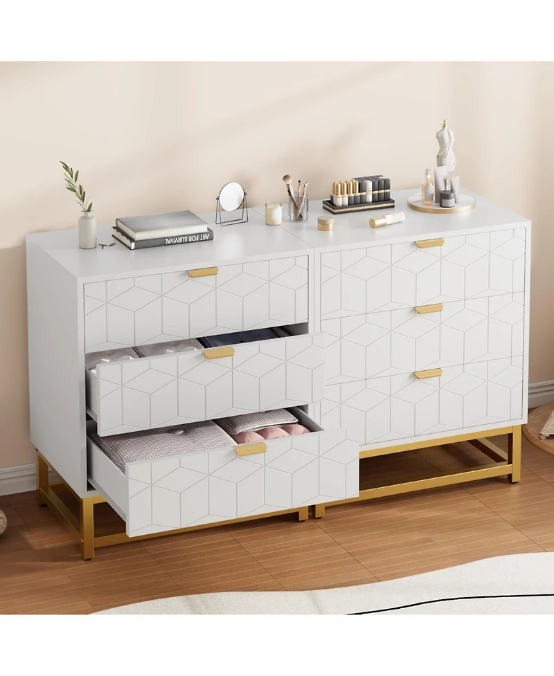gaomon Modern 3 Drawer Wide Dresser Chest, Gold Metal Legs & Handles, Wood Storage Organizer for Bedroom Living Room