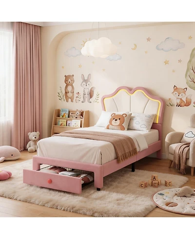 Homfan Bed Frame with Storage Drawer, Velvet Upholstered Platform Headboard and Led Light