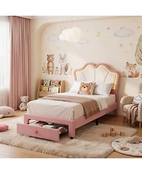 Homfan Bed Frame with Storage Drawer, Velvet Upholstered Platform Headboard and Led Light