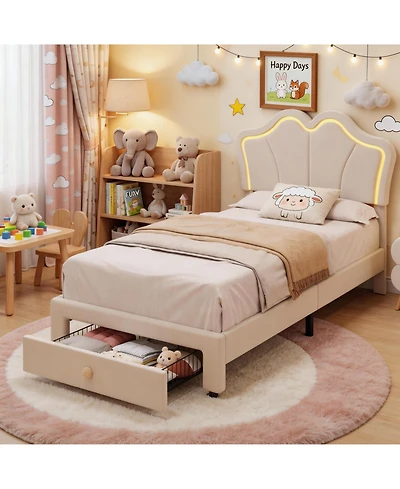 Homfan Bed Frame with Storage Drawer, Velvet Upholstered Platform Headboard and Led Light
