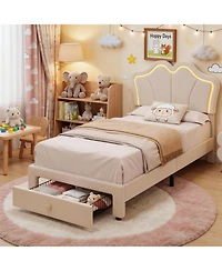 Homfan Bed Frame with Storage Drawer, Velvet Upholstered Platform Headboard and Led Light