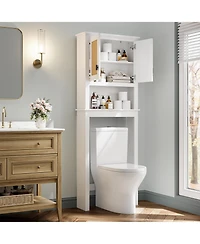 homfan Over Toilet Storage Cabinet with Rattan Doors and Adjustable Shelf, Farmhouse Bathroom Organizer with Open Shelf