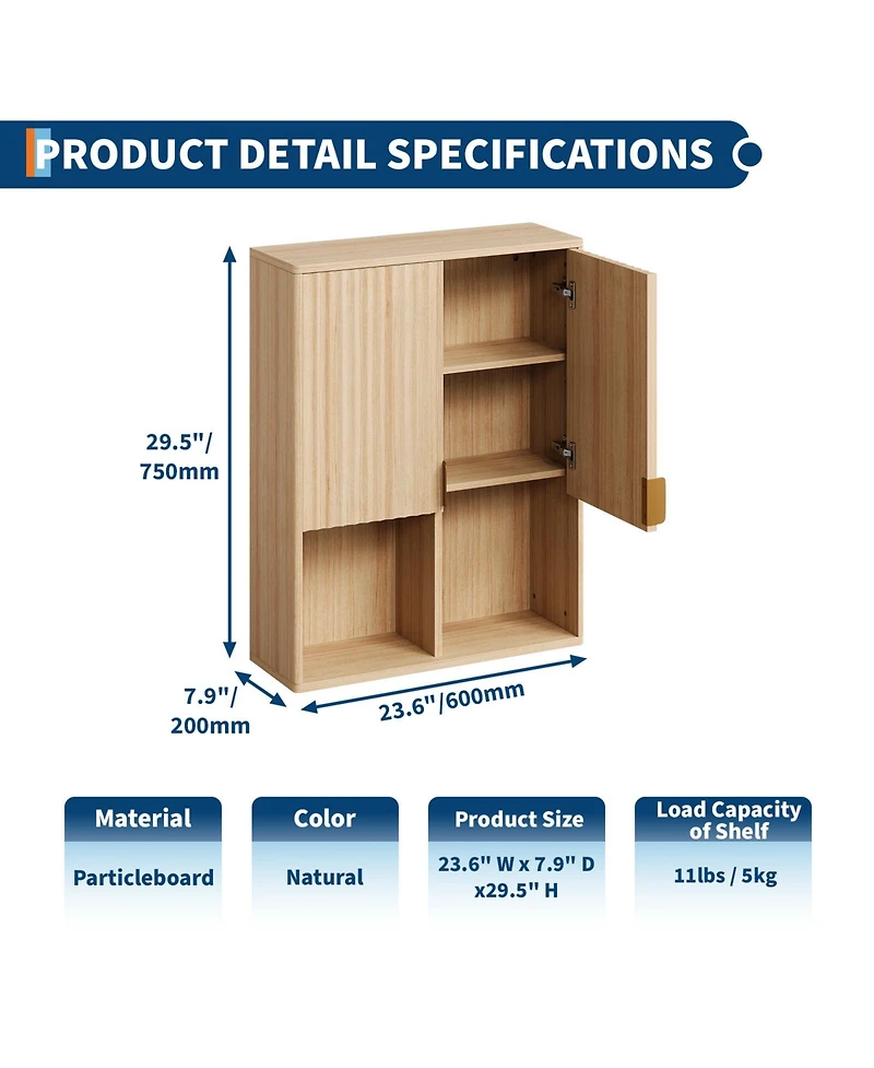 homfan Fluted Bathroom Wall Cabinet with Adjustable Shelf and Soft Close Hinges, Over Toilet Storage Organizer for Bathroom Spaces