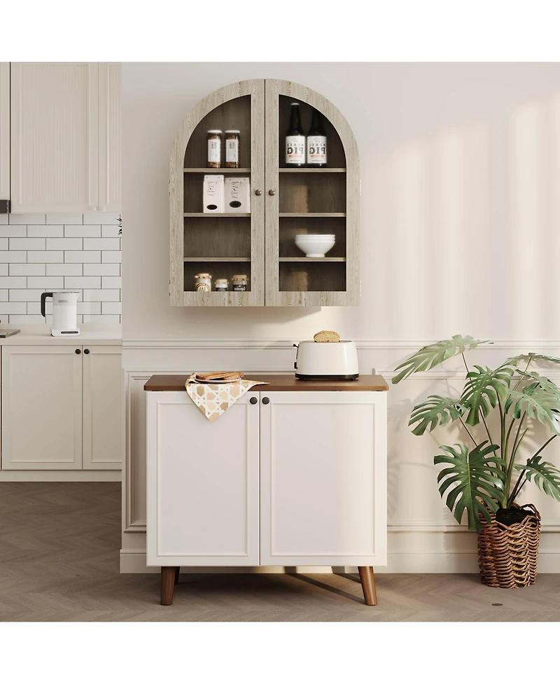 homfan Arched Bathroom Wall Cabinet with Glass Doors and Adjustable Shelves, Wood Over Toilet Storage Organizer for Bathroom and Laundry Room