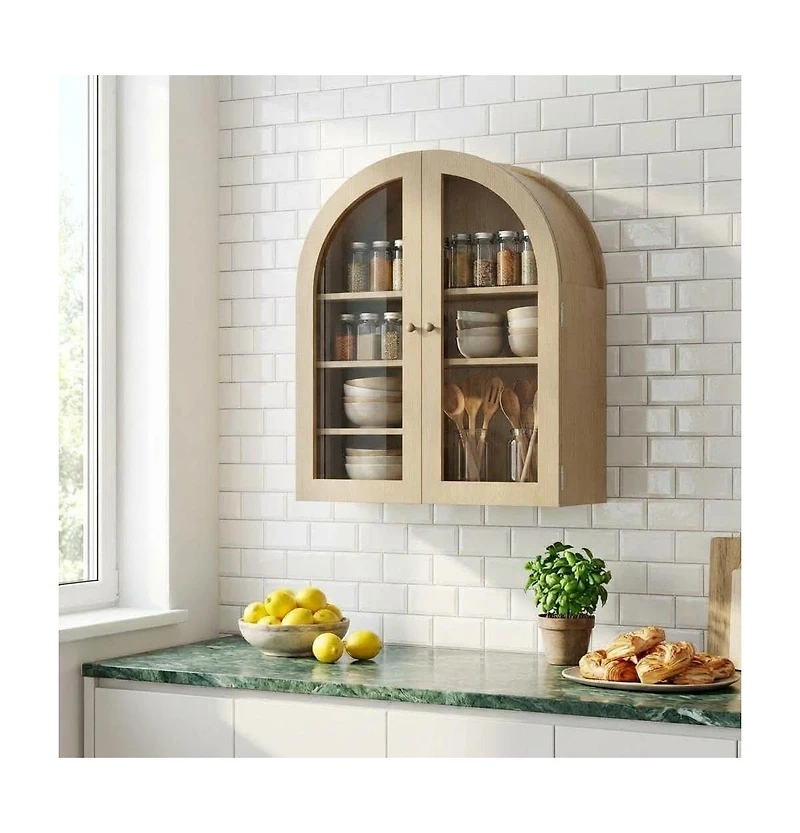 homfan Arched Bathroom Wall Cabinet with Glass Doors and Adjustable Shelves, Wood Over Toilet Storage Organizer for Bathroom and Laundry Room