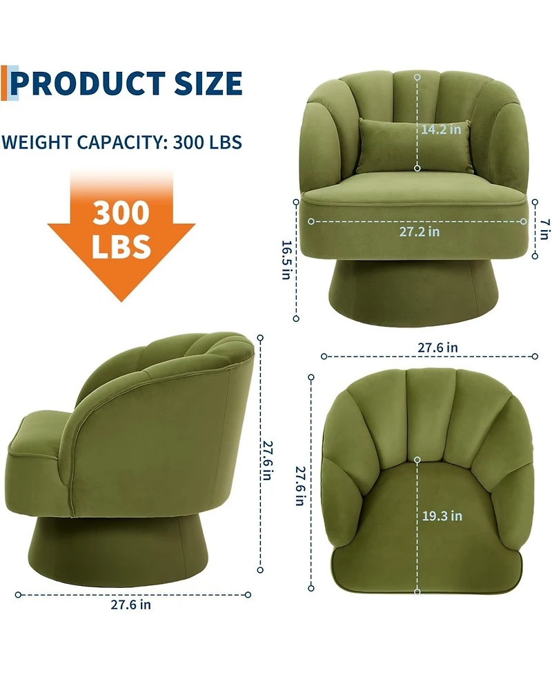 gaomon Modern Swivel Barrel Accent Chair,360 Degree Velvet Upholstered Armchair with Striped Backrest and Plush Padding, Comfy Round Lounge Chair