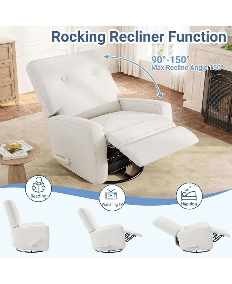 gaomon Nursery Recliner Chair,360 Swivel Rocking Glider Chair for Adults with Adjustable Backrest and Footrest,Cozy Linen Upholstered Armchair