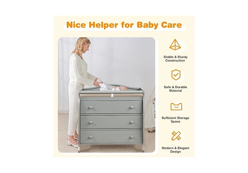 Gouun Baby Changing Table with 3 Storage Drawers and Safety Belt