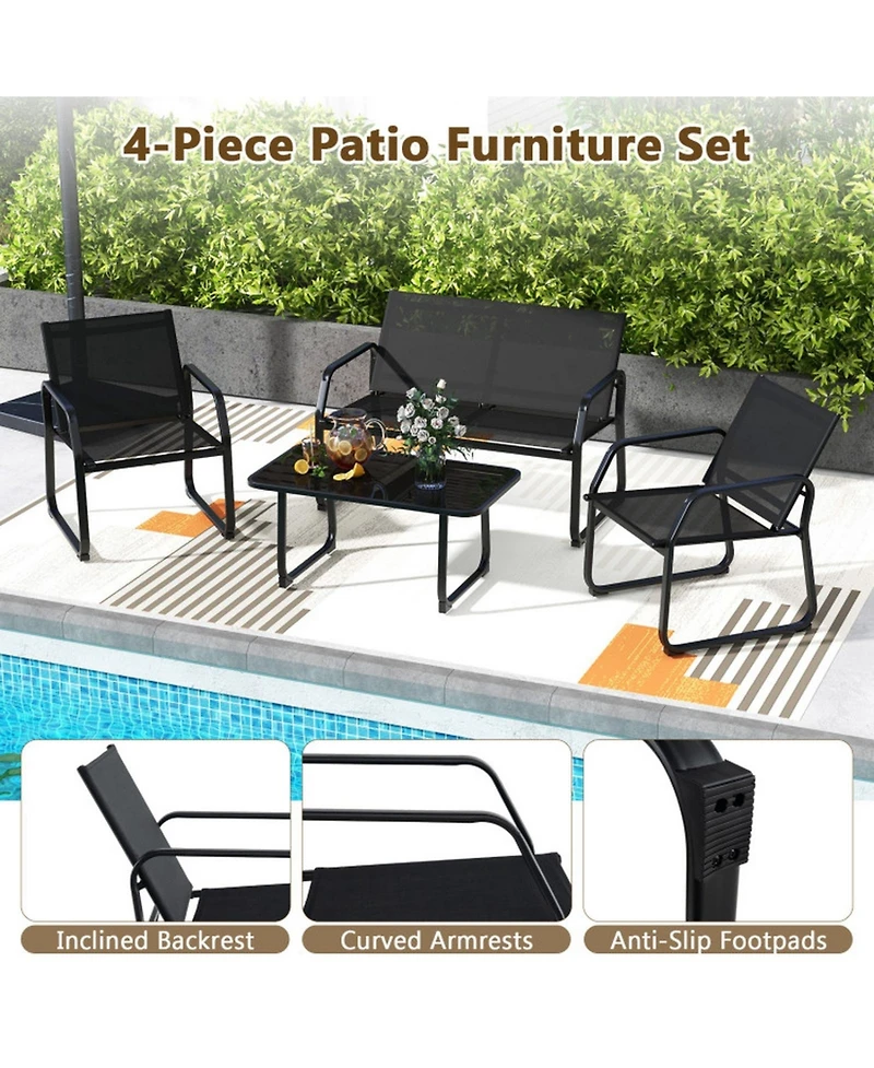 Gouun 4-Piece Patio Conversation Set with Breathable Fabric Seats and Glass Tabletop
