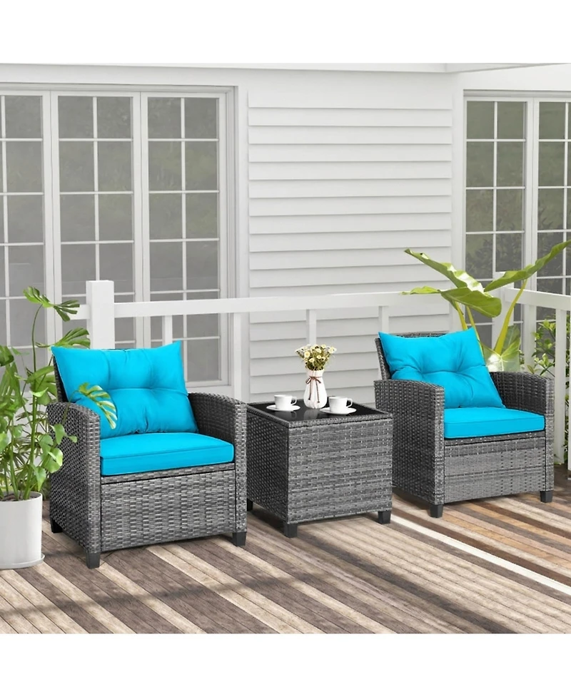 Gouun 3-Piece Wicker Conversation Set with Tempered Glass Side Table