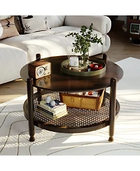 Rainsken 32" Rustic Round Coffee Table with 2-Tier Design, Boho Woven Rattan Storage Shelf for Living Room