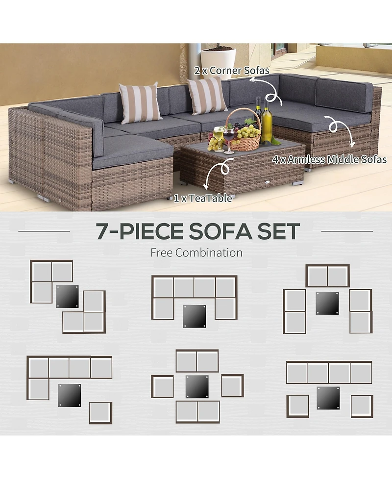 Outsunny 7-Piece Patio Furniture Sets Outdoor Wicker Conversation Sets All Weather Pe Rattan Sectional sofa set with Cushions & Slat Plastic Wood Tabl