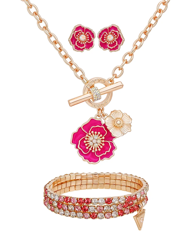 Guess 3-Pc. Rose Gold-Tone Necklace, Bracelet & Stud Earrings Set