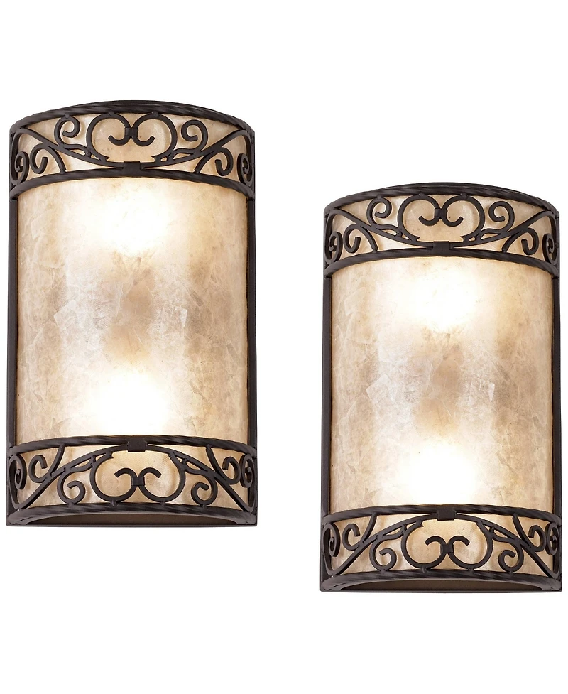 John Timberland Rustic Wall Light Sconces Set of 2 Walnut Brown Hardwired 12 1/2" High Fixture Mica Bedroom Bathroom