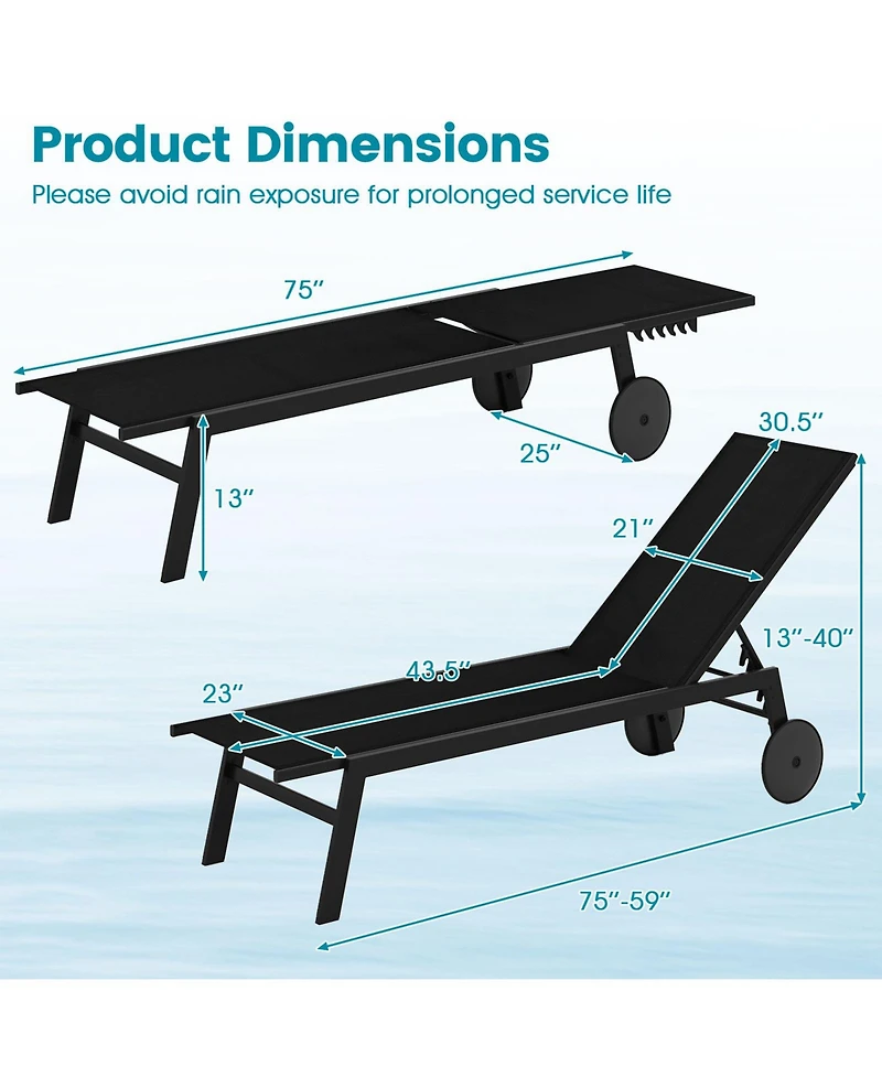 Slickblue Patio Chaise Lounge Chair with Wheels and 6-Level Adjustable Backrest Set of 1