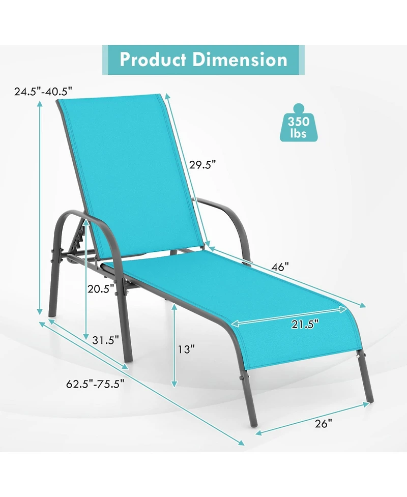Slickblue 2 Pieces Outdoor Patio Lounge Chair Chaise Fabric with Adjustable Reclining Armrest-Turquoise