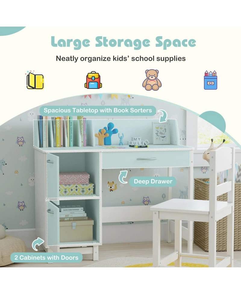 Gouun Wooden Kids Study Desk and Chair Set with Book Sorters and Cabinets
