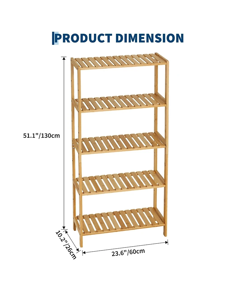 homfan 5-Tier Wide Bamboo Shelf Narrow Bathroom Shelf with Slatted Shelves Wood Plant Stand Standing Towel Rack Corner Rack