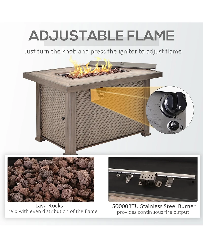 Outsunny 42" Propane Fire Pit Table, 50,000 Btu Wicker-effect Auto-Ignition Gas Fireplace Fire Pits with Ceramic Tabletop, Steel Base, Lid, Lava Rocks