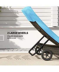 Outsunny Reclining Chaise Lounge Chair, Thickly Cushioned, Rolling Outdoor Plastic Rattan Sun Bathing Chair /w Wheels for Poolside, Pool, Patio, Sky B