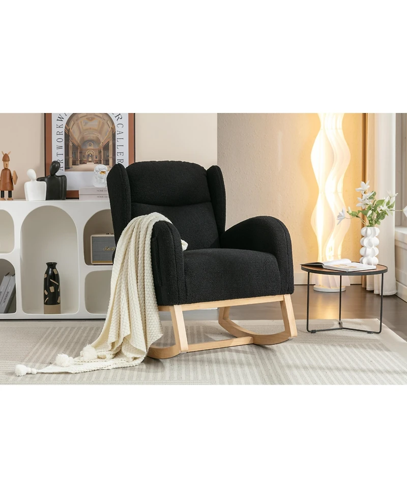 Flynama 1 Pc Teddy Fabric & Wooden Frame Built in Pocket Ergonomic Backrest Rocking Chair