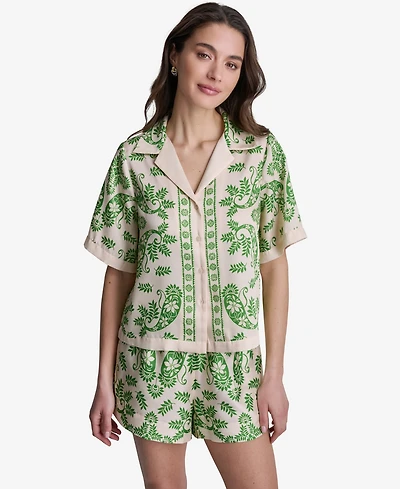 Bcbg Women's Botanical Print Short-Sleeve Button-Front Polyester Top