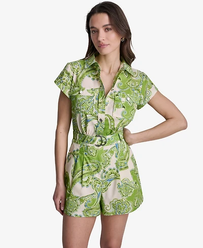 Bcbg Women's Printed Belted Collared Short Romper