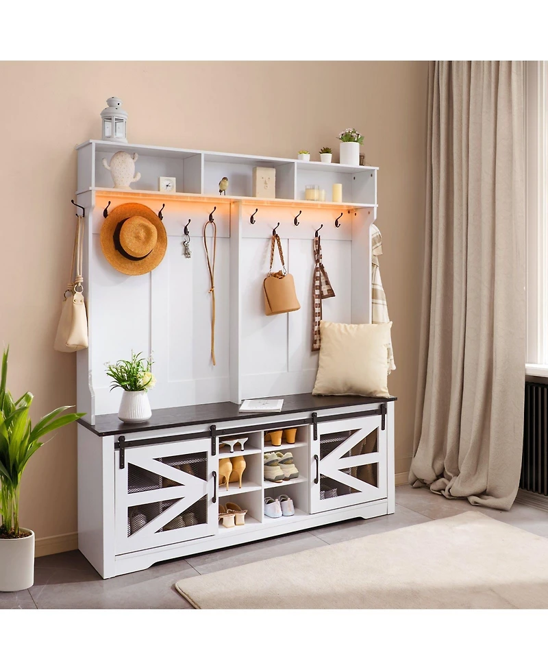 Gouun Led Hall Tree Entryway Bench with Shoe Storage, 12 Hooks, 59 in Wide, Adjustable Shelves