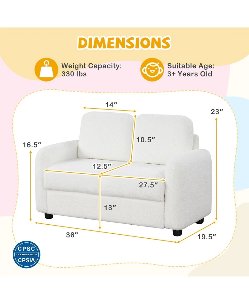 Gouun 2-Seat Kids Sofa with Teddy Fleece Upholstery and Solid Wood Frame