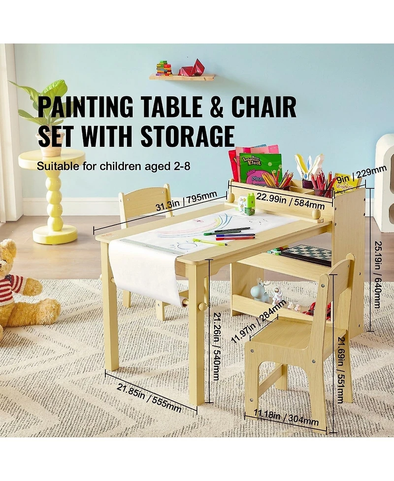 Sugift Kids Art Table and 2 Chairs, 2-in-1 Toddler Craft and Play Activity Table, Wood Set