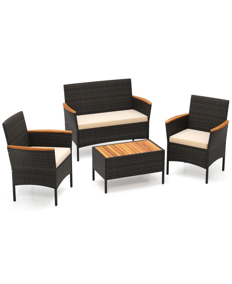 Clihome 4 Piece Patio Wicker Sofa Set 2 Rattan Chairs and Loveseat with Table