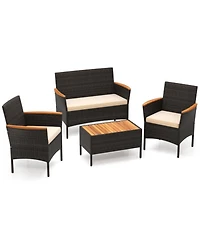Clihome 4 Piece Patio Wicker Sofa Set 2 Rattan Chairs and Loveseat with Table