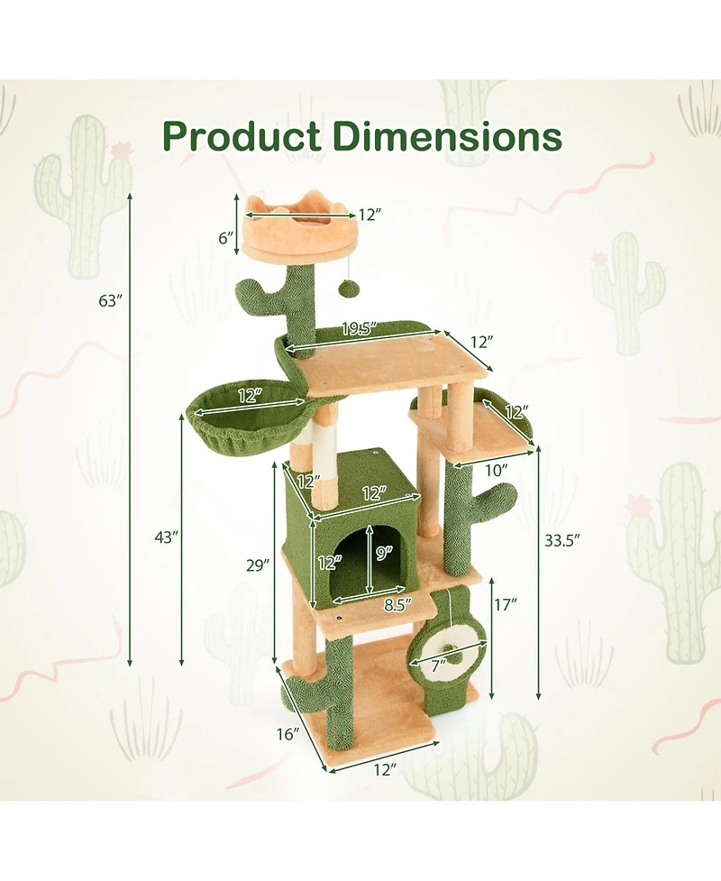 Cozito Cat Tree 63 in Cactus Tower with Sisal Posts and Board