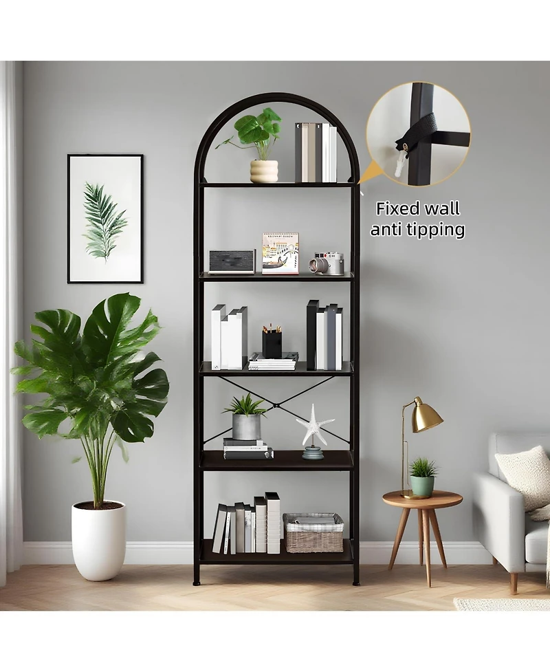 gaomon 5-Tier Modern Arched Bookshelf with Metal Frame, Tall Open Display Storage Rack